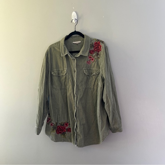 Woman Within Olive Green Embroidered Corduroy Button Up Shirt Plus Size 1X - Picture 1 of 7